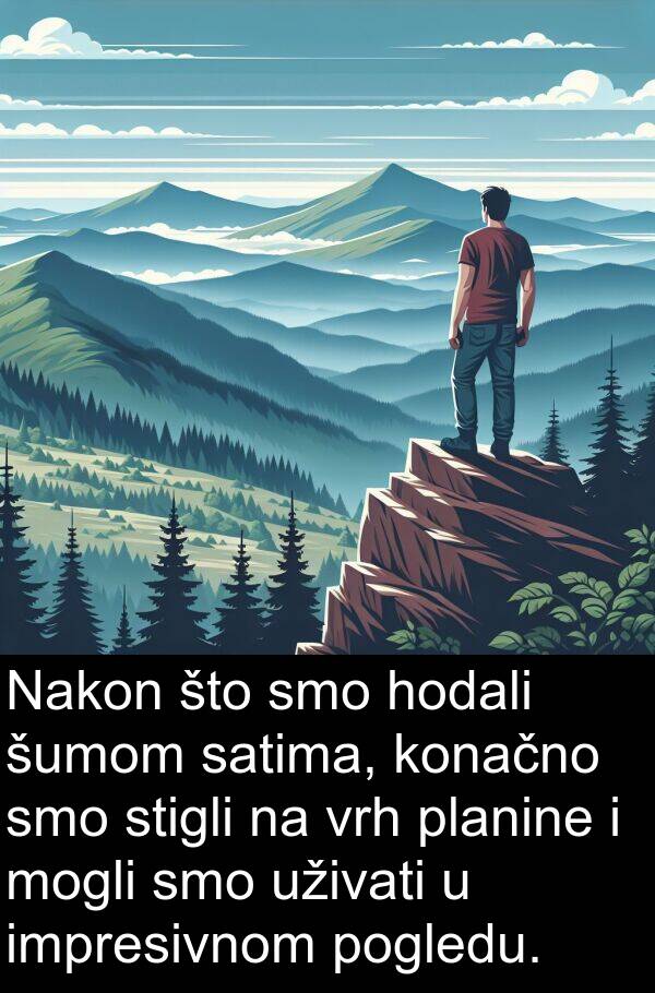 hodali: Nakon što smo hodali šumom satima, konačno smo stigli na vrh planine i mogli smo uživati u impresivnom pogledu.