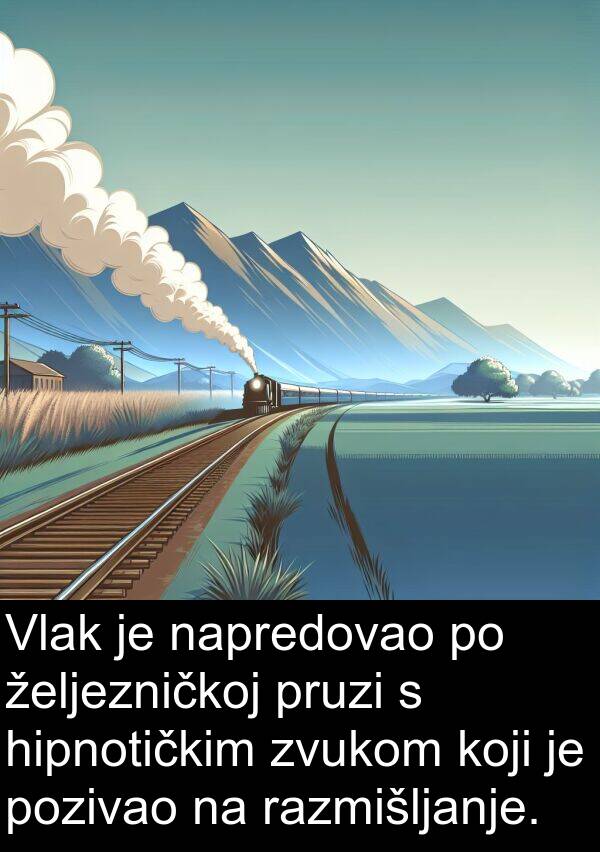 razmišljanje: Vlak je napredovao po željezničkoj pruzi s hipnotičkim zvukom koji je pozivao na razmišljanje.