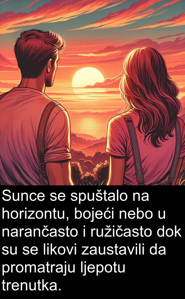 narančasto: Sunce se spuštalo na horizontu, bojeći nebo u narančasto i ružičasto dok su se likovi zaustavili da promatraju ljepotu trenutka.