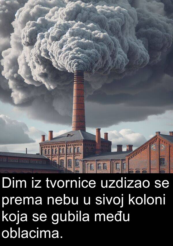 među: Dim iz tvornice uzdizao se prema nebu u sivoj koloni koja se gubila među oblacima.