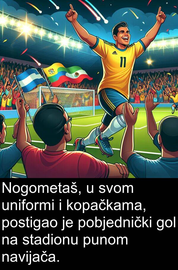 gol: Nogometaš, u svom uniformi i kopačkama, postigao je pobjednički gol na stadionu punom navijača.