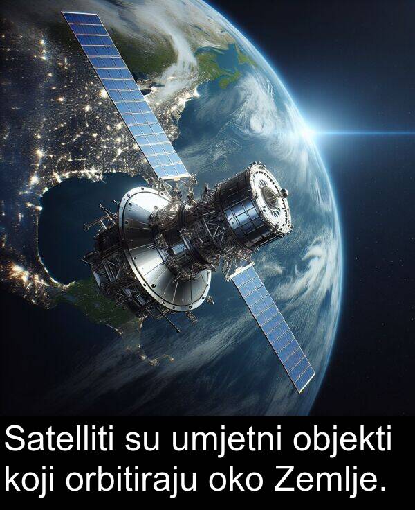 objekti: Satelliti su umjetni objekti koji orbitiraju oko Zemlje.