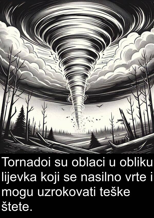 nasilno: Tornadoi su oblaci u obliku lijevka koji se nasilno vrte i mogu uzrokovati teške štete.