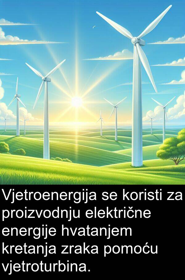 električne: Vjetroenergija se koristi za proizvodnju električne energije hvatanjem kretanja zraka pomoću vjetroturbina.