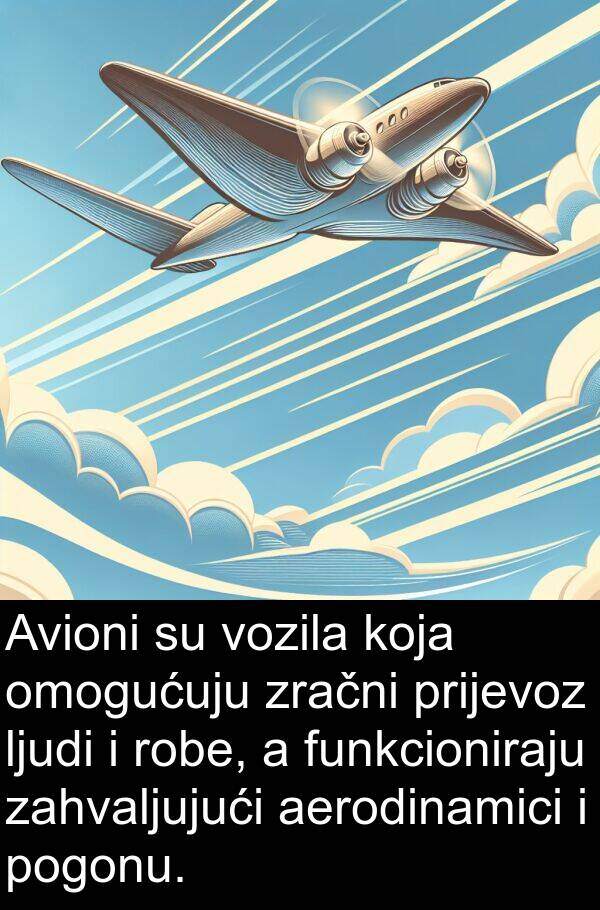 funkcioniraju: Avioni su vozila koja omogućuju zračni prijevoz ljudi i robe, a funkcioniraju zahvaljujući aerodinamici i pogonu.