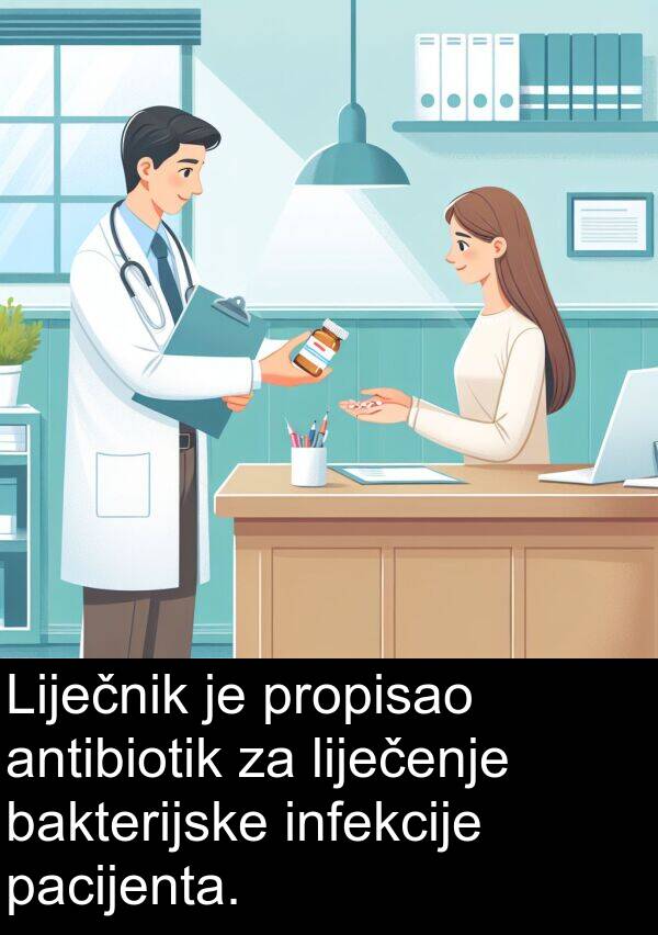 pacijenta: Liječnik je propisao antibiotik za liječenje bakterijske infekcije pacijenta.