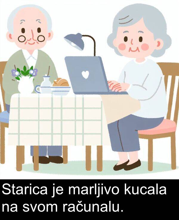 marljivo: Starica je marljivo kucala na svom računalu.