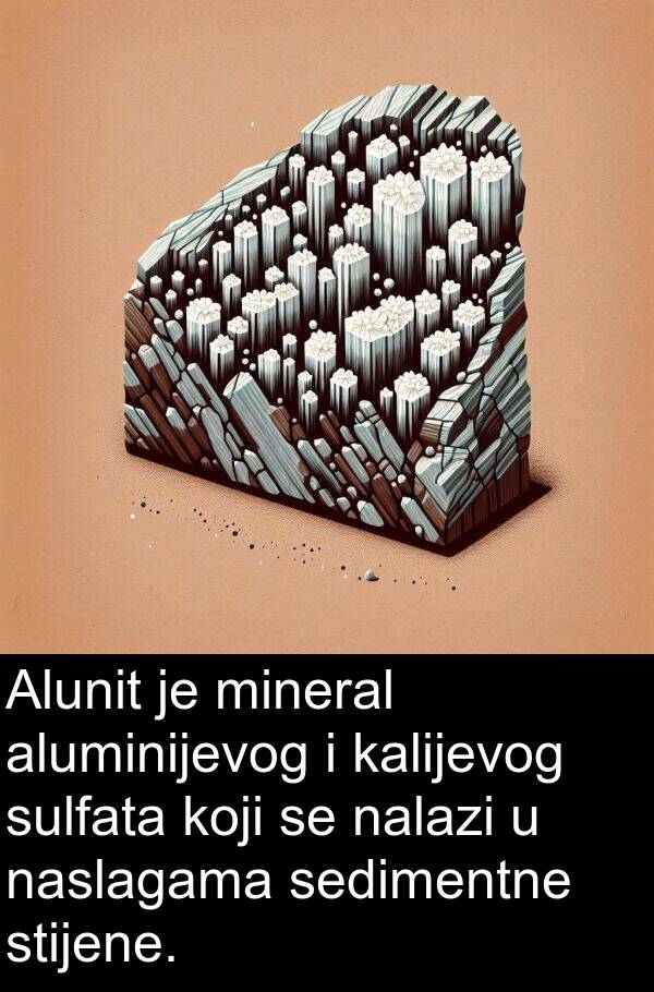 nalazi: Alunit je mineral aluminijevog i kalijevog sulfata koji se nalazi u naslagama sedimentne stijene.