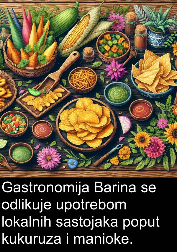 odlikuje: Gastronomija Barina se odlikuje upotrebom lokalnih sastojaka poput kukuruza i manioke.