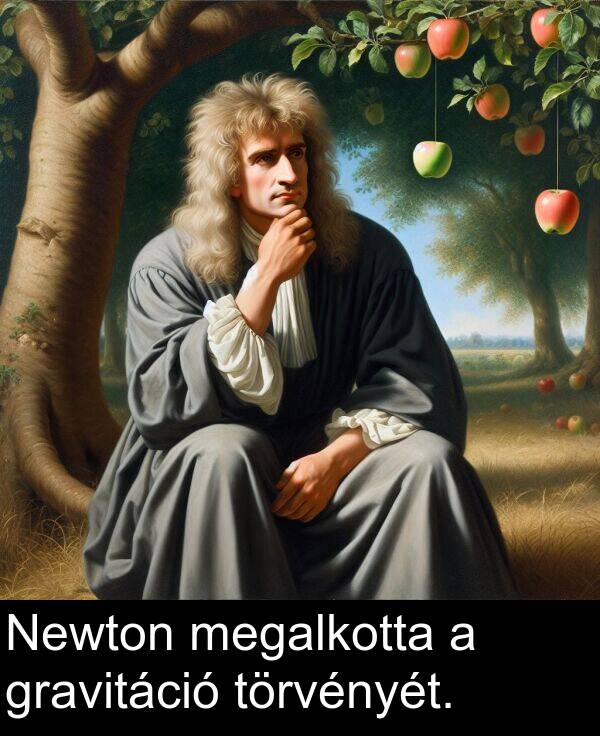 törvényét: Newton megalkotta a gravitáció törvényét.