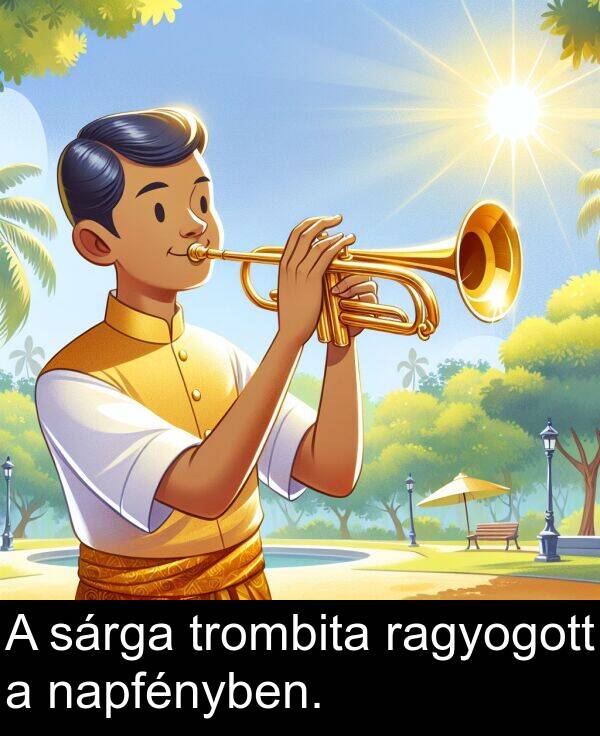 ragyogott: A sárga trombita ragyogott a napfényben.