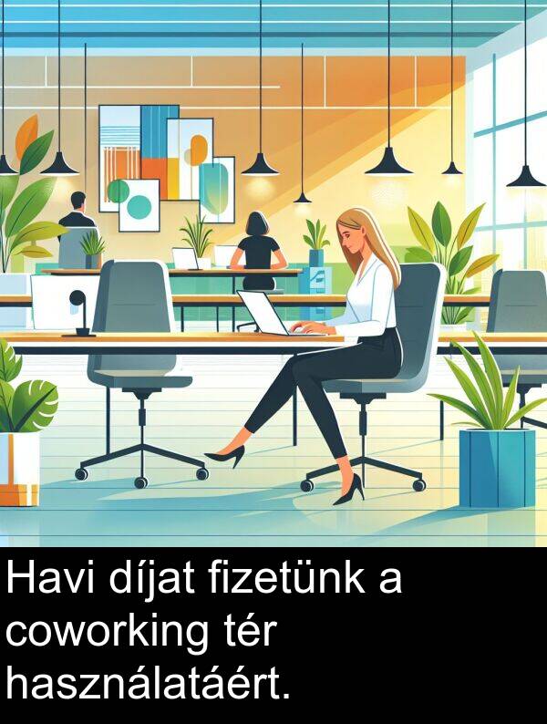 díjat: Havi díjat fizetünk a coworking tér használatáért.