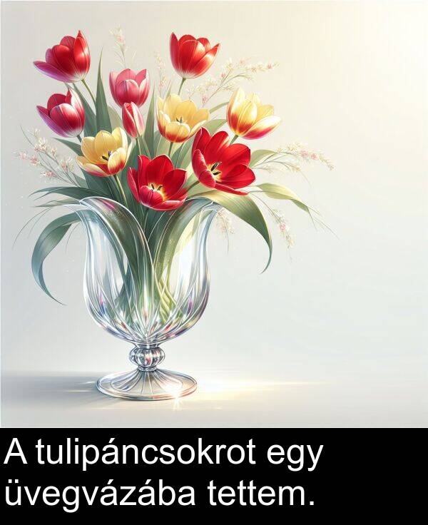 tettem: A tulipáncsokrot egy üvegvázába tettem.