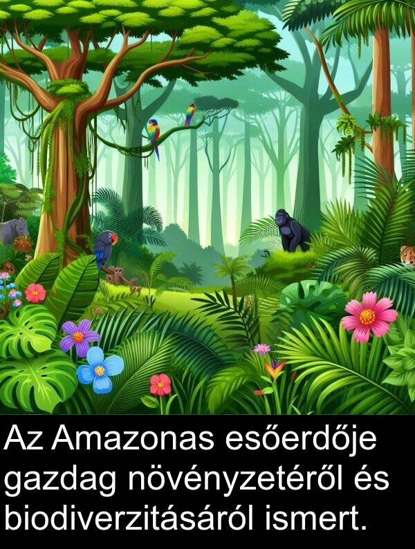 biodiverzitásáról: Az Amazonas esőerdője gazdag növényzetéről és biodiverzitásáról ismert.