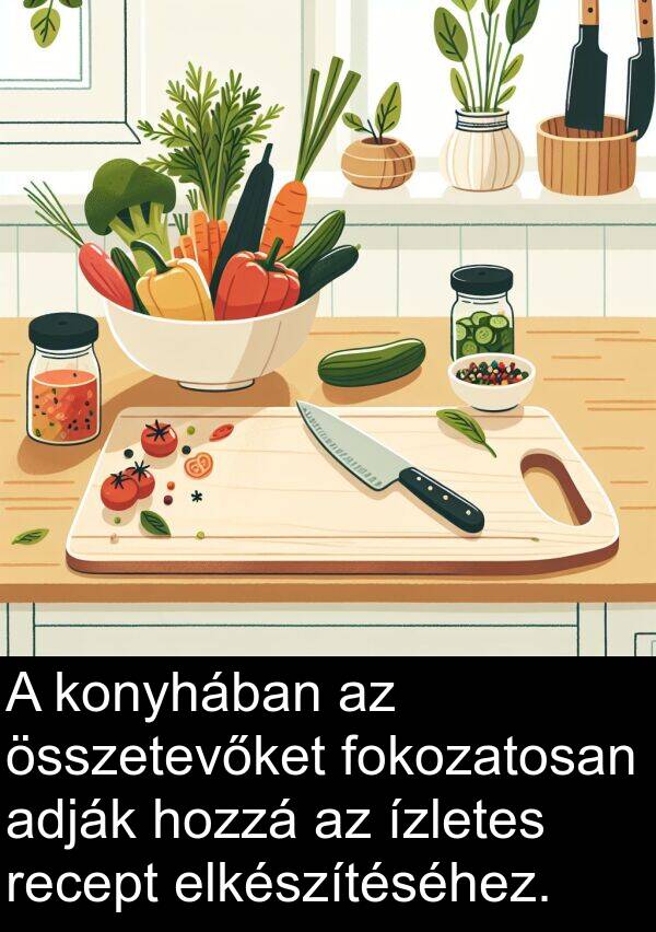 recept: A konyhában az összetevőket fokozatosan adják hozzá az ízletes recept elkészítéséhez.