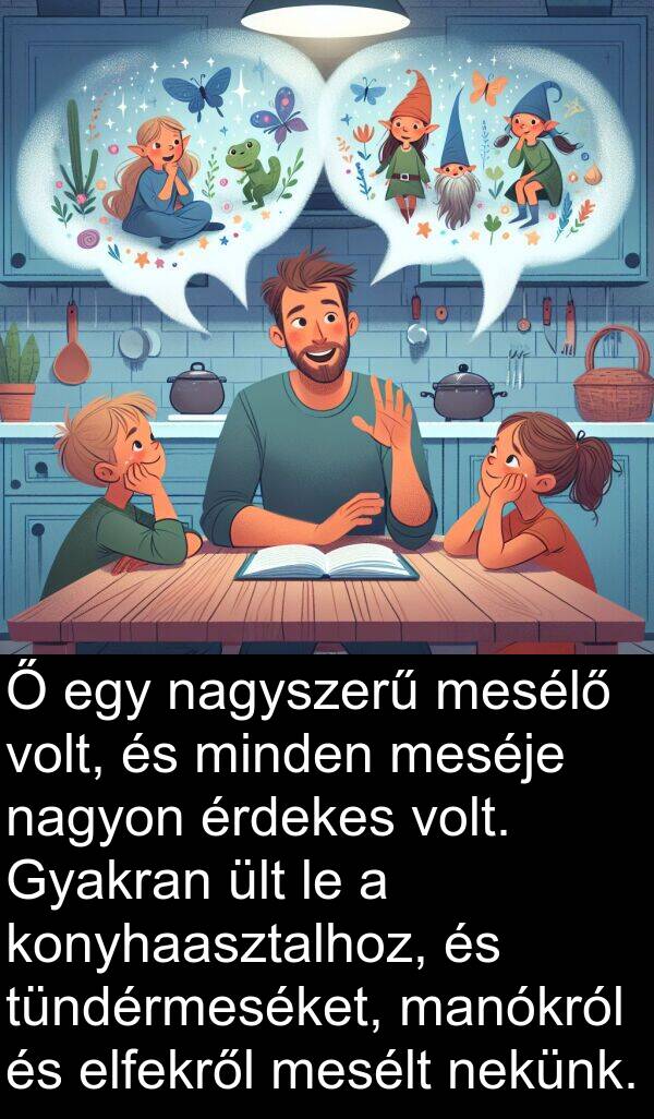 ült: Ő egy nagyszerű mesélő volt, és minden meséje nagyon érdekes volt. Gyakran ült le a konyhaasztalhoz, és tündérmeséket, manókról és elfekről mesélt nekünk.