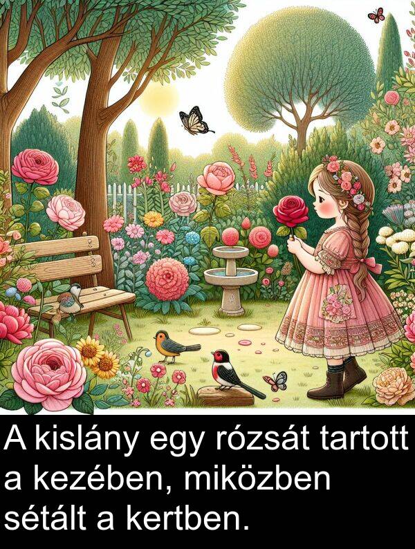 tartott: A kislány egy rózsát tartott a kezében, miközben sétált a kertben.