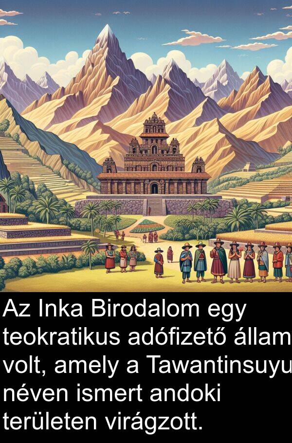 állam: Az Inka Birodalom egy teokratikus adófizető állam volt, amely a Tawantinsuyu néven ismert andoki területen virágzott.