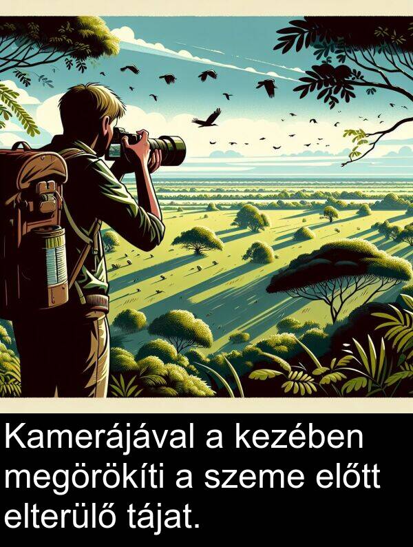 elterülő: Kamerájával a kezében megörökíti a szeme előtt elterülő tájat.