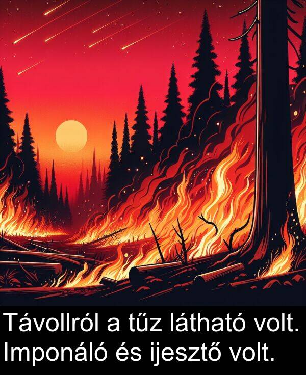 tűz: Távollról a tűz látható volt. Imponáló és ijesztő volt.