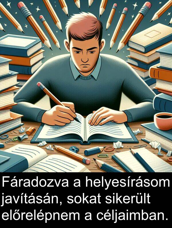 helyesírásom: Fáradozva a helyesírásom javításán, sokat sikerült előrelépnem a céljaimban.