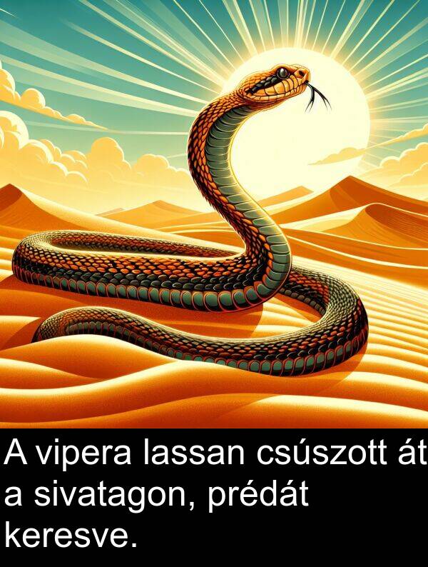 csúszott: A vipera lassan csúszott át a sivatagon, prédát keresve.