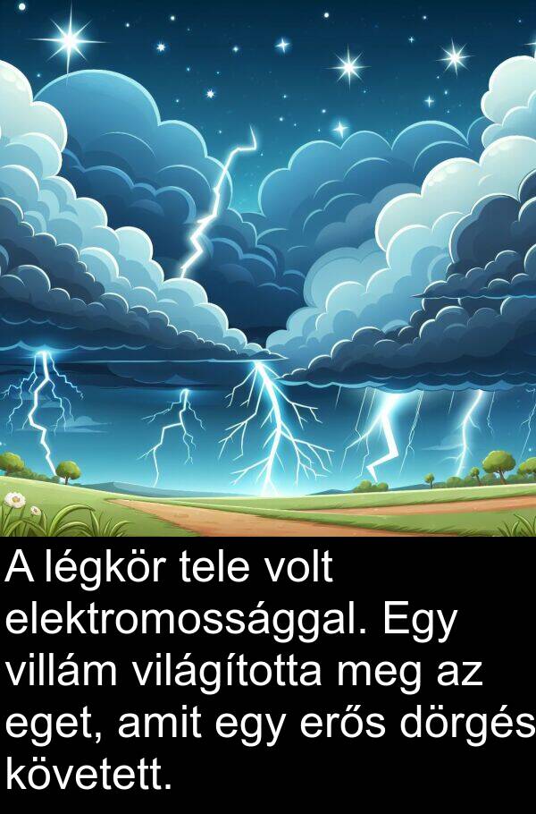 eget: A légkör tele volt elektromossággal. Egy villám világította meg az eget, amit egy erős dörgés követett.