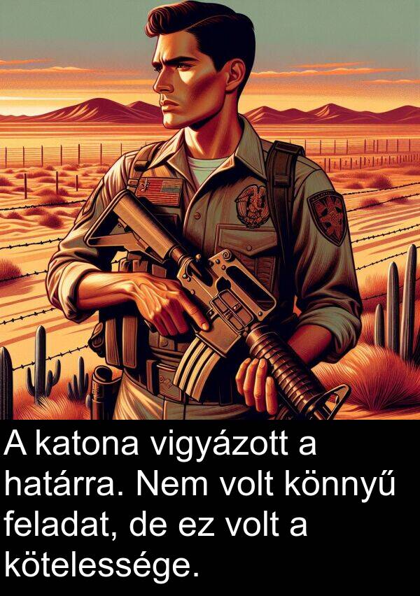 vigyázott: A katona vigyázott a határra. Nem volt könnyű feladat, de ez volt a kötelessége.