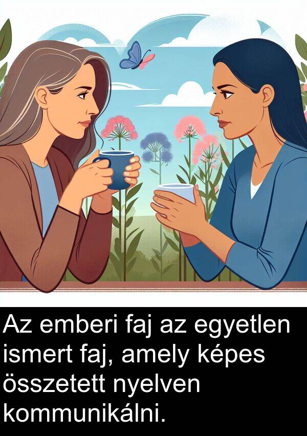 emberi: Az emberi faj az egyetlen ismert faj, amely képes összetett nyelven kommunikálni.