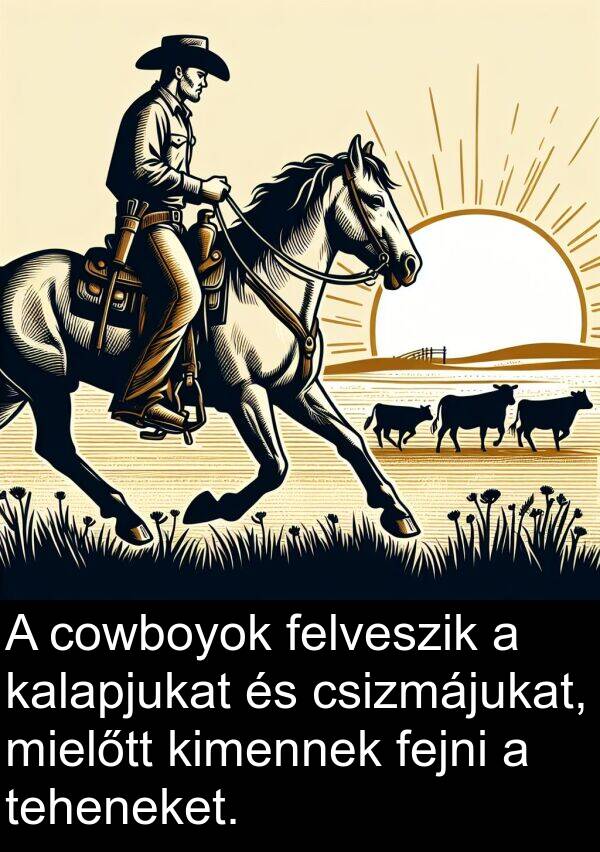 cowboyok: A cowboyok felveszik a kalapjukat és csizmájukat, mielőtt kimennek fejni a teheneket.