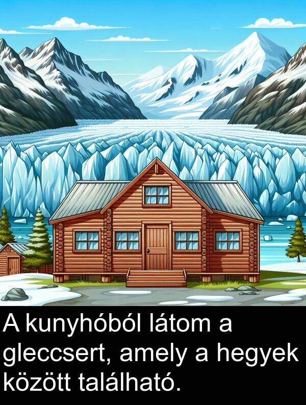 hegyek: A kunyhóból látom a gleccsert, amely a hegyek között található.