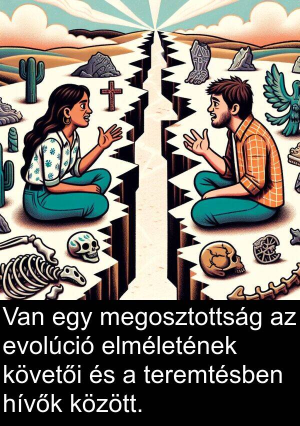 elméletének: Van egy megosztottság az evolúció elméletének követői és a teremtésben hívők között.