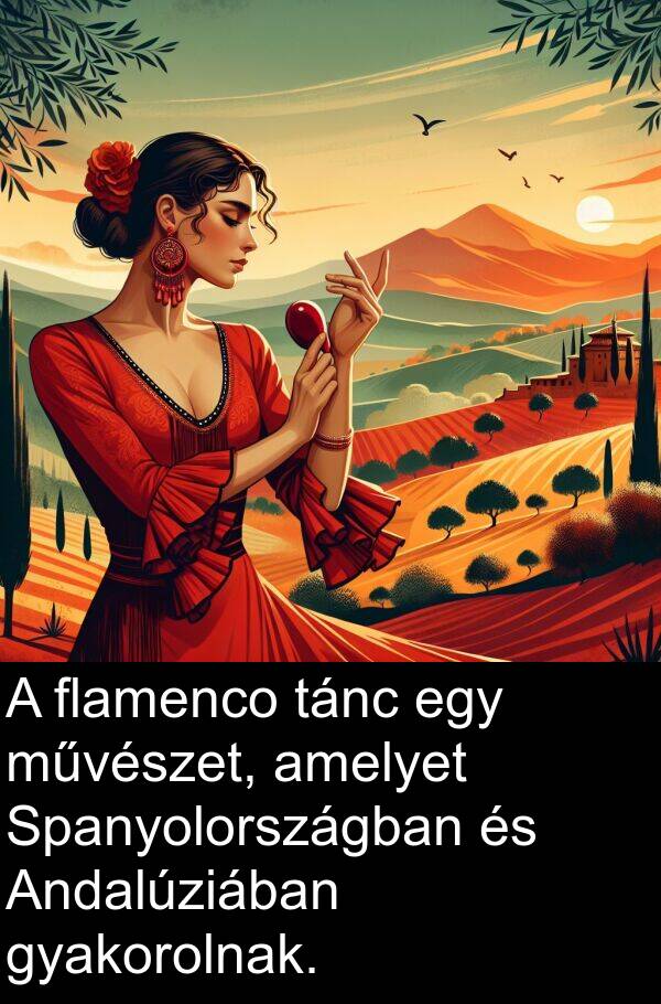 művészet: A flamenco tánc egy művészet, amelyet Spanyolországban és Andalúziában gyakorolnak.