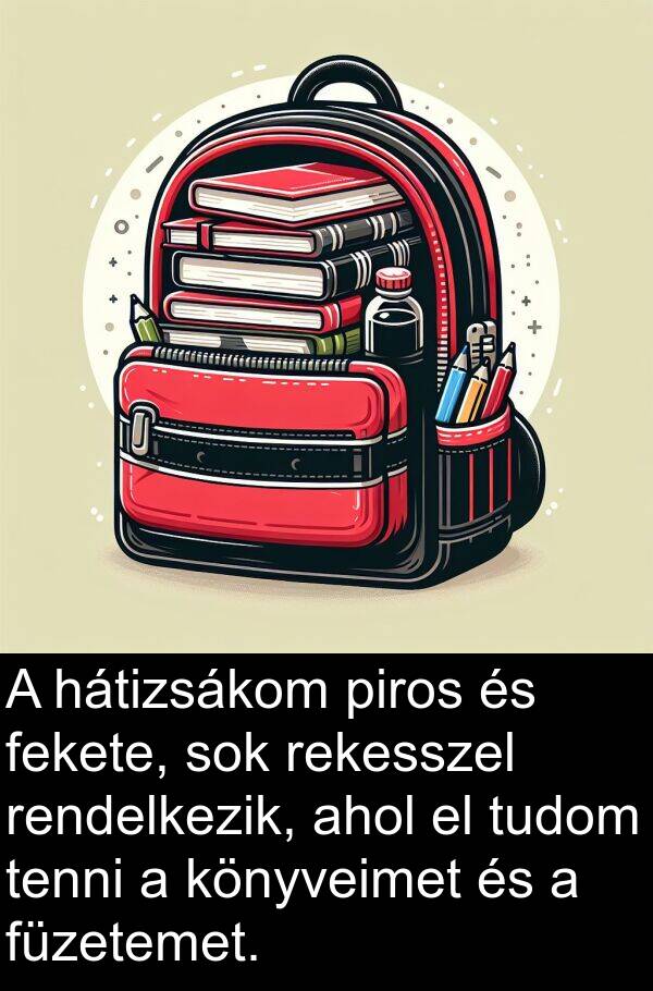 tudom: A hátizsákom piros és fekete, sok rekesszel rendelkezik, ahol el tudom tenni a könyveimet és a füzetemet.