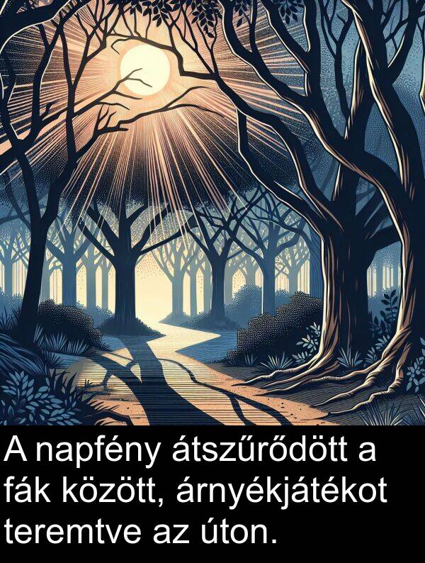 teremtve: A napfény átszűrődött a fák között, árnyékjátékot teremtve az úton.