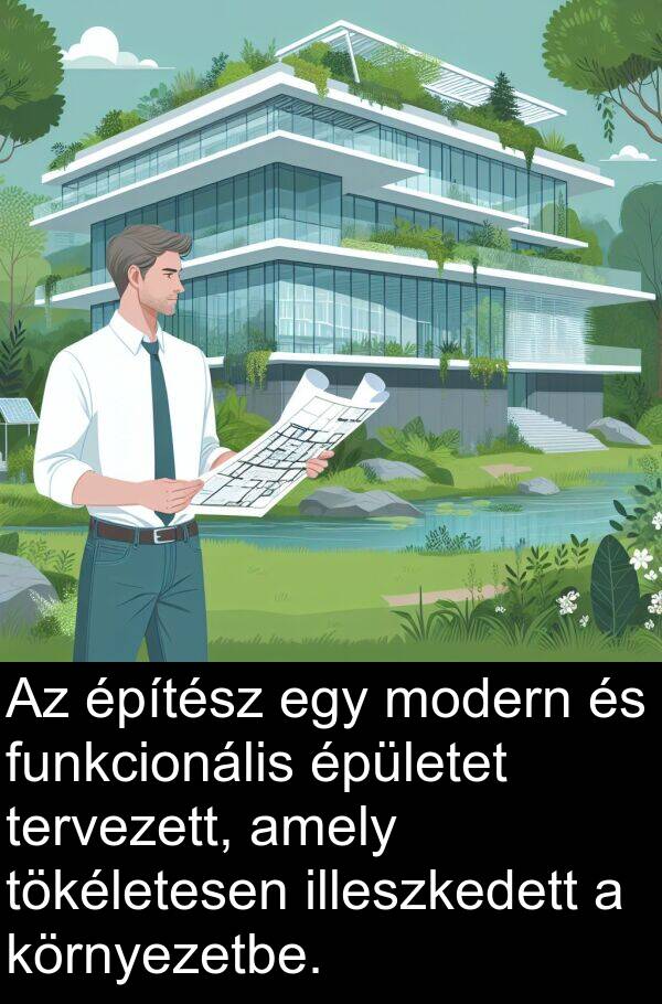 tökéletesen: Az építész egy modern és funkcionális épületet tervezett, amely tökéletesen illeszkedett a környezetbe.