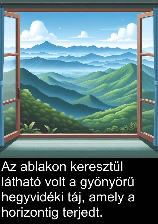 ablakon: Az ablakon keresztül látható volt a gyönyörű hegyvidéki táj, amely a horizontig terjedt.