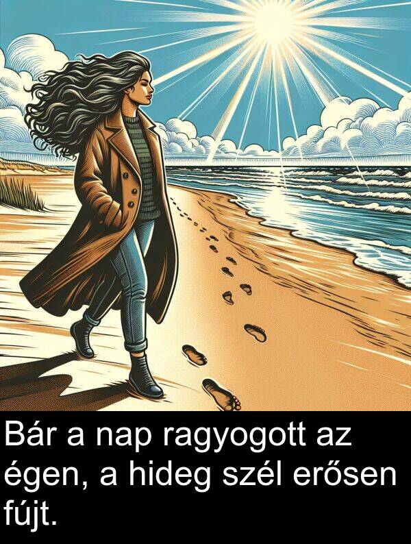 égen: Bár a nap ragyogott az égen, a hideg szél erősen fújt.