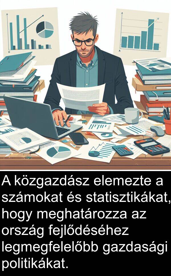 elemezte: A közgazdász elemezte a számokat és statisztikákat, hogy meghatározza az ország fejlődéséhez legmegfelelőbb gazdasági politikákat.