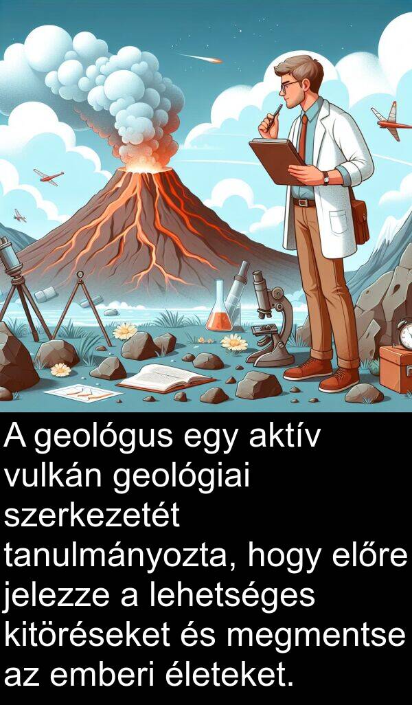 aktív: A geológus egy aktív vulkán geológiai szerkezetét tanulmányozta, hogy előre jelezze a lehetséges kitöréseket és megmentse az emberi életeket.