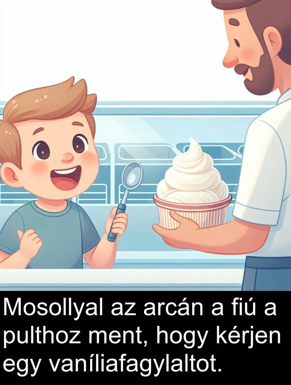 ment: Mosollyal az arcán a fiú a pulthoz ment, hogy kérjen egy vaníliafagylaltot.