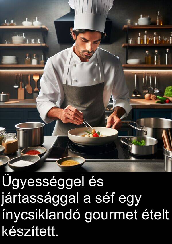 ételt: Ügyességgel és jártassággal a séf egy ínycsiklandó gourmet ételt készített.