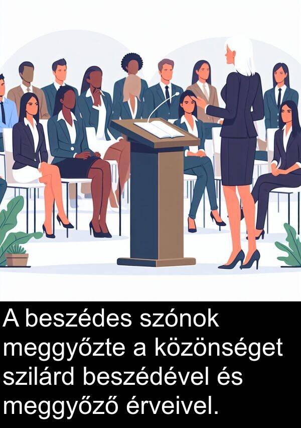 beszédes: A beszédes szónok meggyőzte a közönséget szilárd beszédével és meggyőző érveivel.