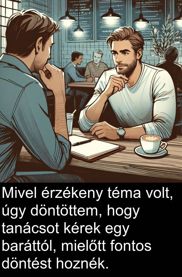 döntöttem: Mivel érzékeny téma volt, úgy döntöttem, hogy tanácsot kérek egy baráttól, mielőtt fontos döntést hoznék.