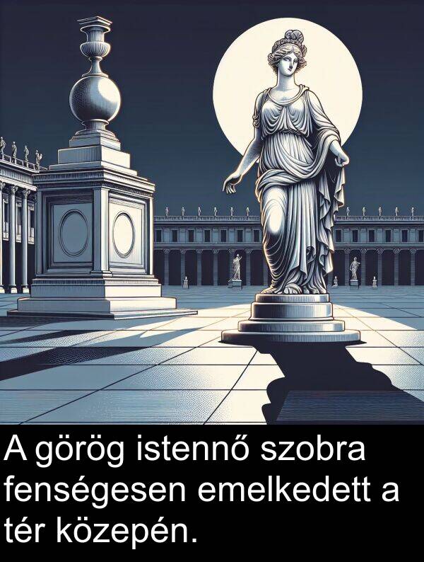 emelkedett: A görög istennő szobra fenségesen emelkedett a tér közepén.