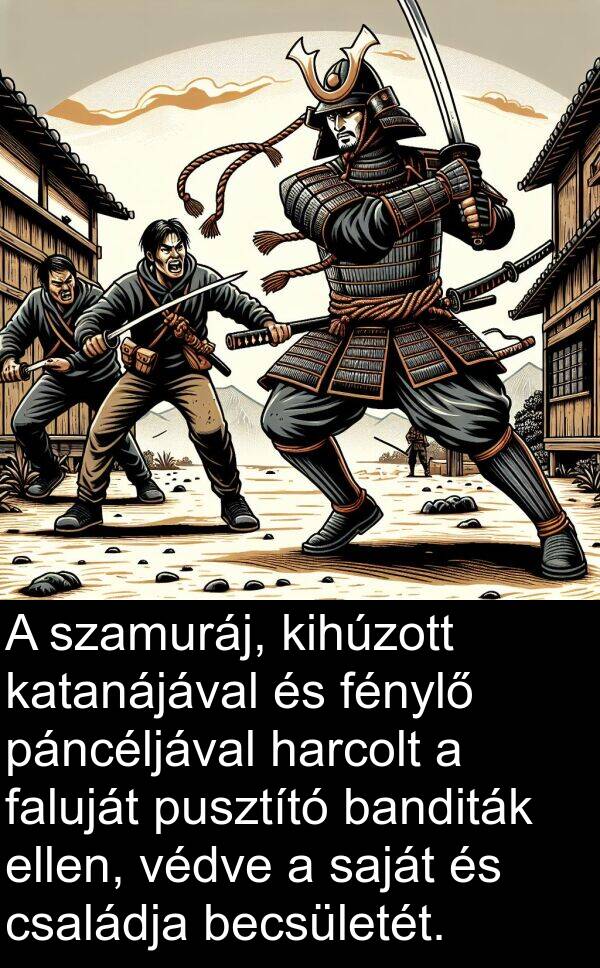 becsületét: A szamuráj, kihúzott katanájával és fénylő páncéljával harcolt a faluját pusztító banditák ellen, védve a saját és családja becsületét.