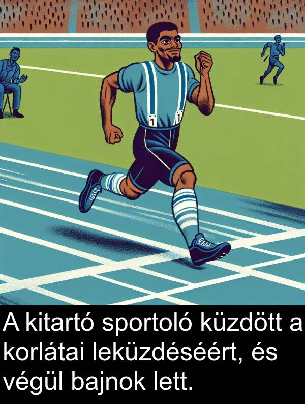 végül: A kitartó sportoló küzdött a korlátai leküzdéséért, és végül bajnok lett.