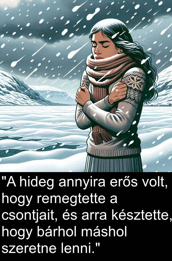 bárhol: "A hideg annyira erős volt, hogy remegtette a csontjait, és arra késztette, hogy bárhol máshol szeretne lenni."