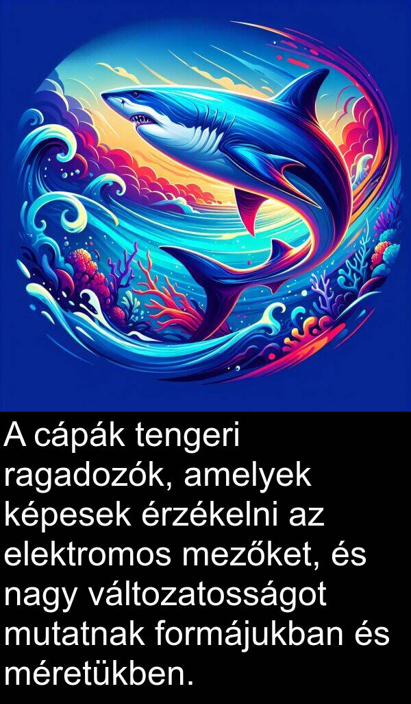 ragadozók: A cápák tengeri ragadozók, amelyek képesek érzékelni az elektromos mezőket, és nagy változatosságot mutatnak formájukban és méretükben.