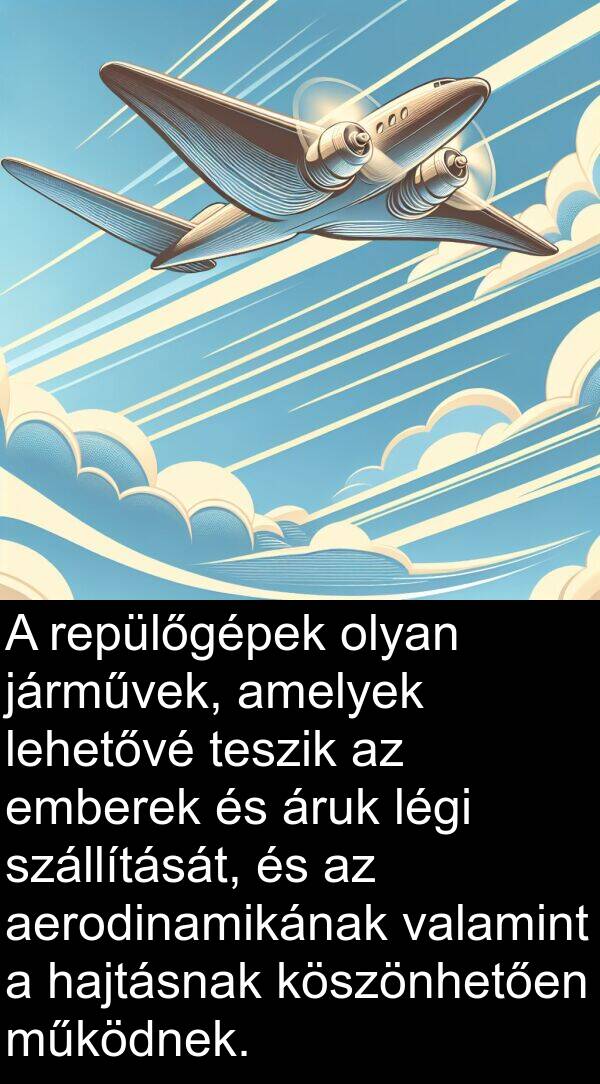 járművek: A repülőgépek olyan járművek, amelyek lehetővé teszik az emberek és áruk légi szállítását, és az aerodinamikának valamint a hajtásnak köszönhetően működnek.